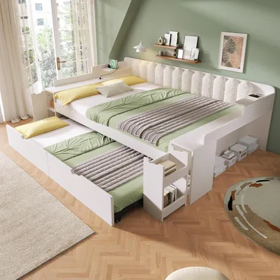 Obrázok produktu pre Flex dennné lôžko 140x200 cm s výsuvnou posteľou, dvojlôžko s nabíjacou stanicou a odrážacím vozíkom, drevená posteľ s úložným priestorom a opierkou, biela, MDF + kov