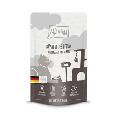 Produktbild von MjAMjAM Quetschie köstliches Pferd an gedämpftem Kürbis, Adult, jede Rasse, Pferd, 125 g, Getreidefrei, Ohne künstliche Farbstoffe
