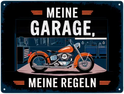 Produktbild von Vintage-Garage Motorrad Metallschild XXL in 28x38 cm - Meine Garage meine Regeln