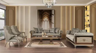 Produktbild von Luxus Sofagarnitur Dreisitzer Sessel Sofa Grau Stoff Stoffsofa 5tlg