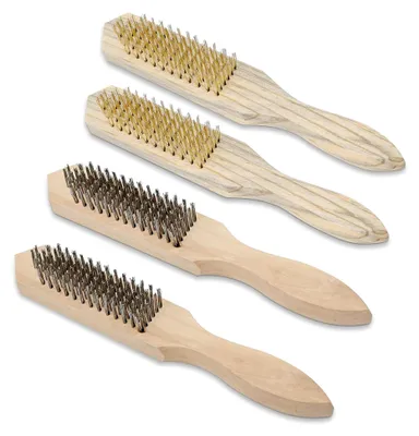 Produktbild von 4-teiliges Handdrahtbürsten-Set mit Drahtbürste, Messingbürste, Stahlbürste und Edelstahlbürste mit Holzgriff zum Entfernen von Farbe, Rost und Schweißschlacke