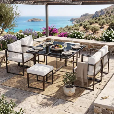 Produktbild von 7-teiliges Terrassenmöbel-Set – Esstisch & 6 Stühle für Außenbereich, Tisch aus gehärtetem Glas, Gartenmöbel-Set für Hinterhof & Terrasse