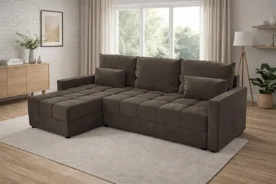 Produktbild von Ecksofa DOMINO L mit Schlaffunktion, Bettkasten, L-Form Sofa Braun, 226 cm, universal montierbar