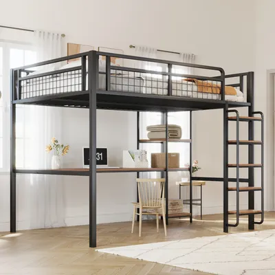 A loft bed with a desk and shelves underneath, set up in a room with natural light.