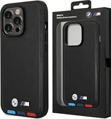 Produktbild von BMW Leder Hot Stamp Tricolor - iPhone 14 Pro Tasche (Schwarz)