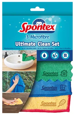 Zdjęcie produktu dla Spontex 3384120015142, Mikrofibra, Niebieski, Zielony, Żółty, Pranie w pralce, 40 °C, 3 szt., Pudełko