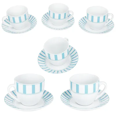 Obrázek produktu pro Rozdělit tyrkysové pruhované šálky na kávu s podšálky pro 6 osob porcelánový čaj pruhovaný