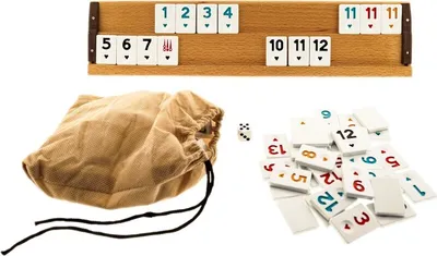 A Rummikub game set including tiles, a drawstring bag, and a wooden rack.