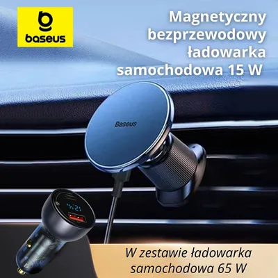 Zdjęcie produktu dla Magnetyczny bezprzewodowy ładowarka samochodowa 15 W z szybkim ładowarką 65 W – 2 w 1 uchwyt & Qi ładowarka, 360° regulacja
