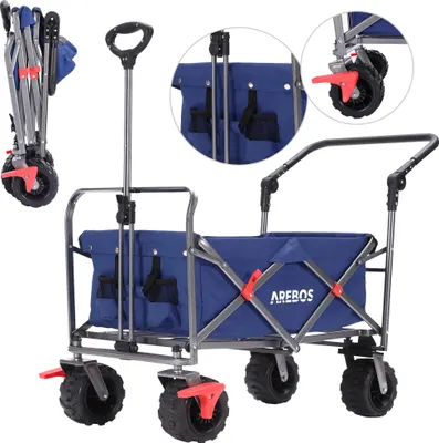 Produktbild von AREBOS Bollerwagen | Transportkarre | Gerätewagen | Handwagen | 2x Netztaschen | mit Vorderrad-Bremsen & Teleskopstange | klappbar | bis 100kg | Blau