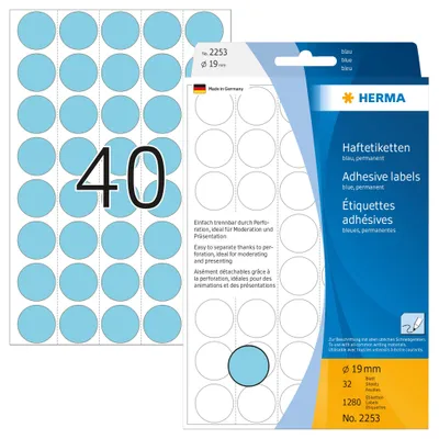 Produktbild von Vielzwecketiketten blau Ø 19 mm rund Papier matt Trägerpapier perforiert 1280 St.