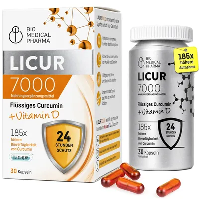 Produktbild von Kurkuma Kapseln Hochdosiert – 185x Bioverfügbarkeit – NovaSOL Mizellen – Nur 1 Kapsel Täglich – Flüssig mit Vitamin D3 – Licur 7000 (30 Kapseln)