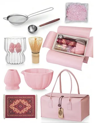 Immagine prodotto di Set da tè Matcha completo, 7 pezzi, con frusta in bambù, ciotola per matcha, setaccio e custodia in pelle, colore rosa