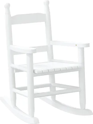 A white wooden rocking chair for children is shown against a white background.