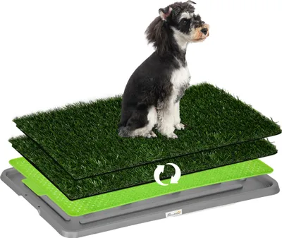 Immagine prodotto di PawHut: lettiera per cani con 2 tappetini in erba sintetica e vaschetta per l'addestramento alla pulizia in casa e all'aperto, tappetini di addestramento per animali, 67 x 41 cm