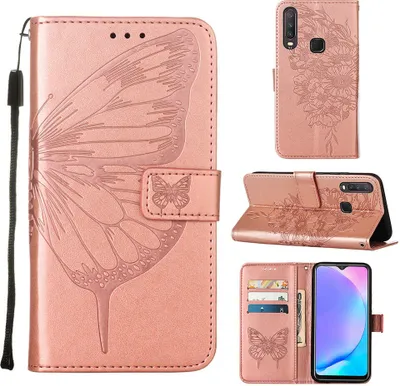 Produktbild von vivo Y17 Hülle, Schmetterling Prägung Flip Leder Kartenfächer Schutzhülle Ledertasche mit Ständer für vivo Y17 / Y15 / Y12 / U10 / Y11 / Y3 Roségold