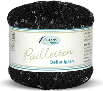 A spool of black yarn with sequins, on a white background.
