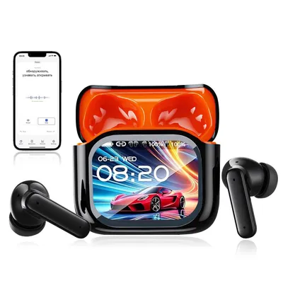 A set of wireless earbuds and their charging case, along with a smartphone displaying an app interface.