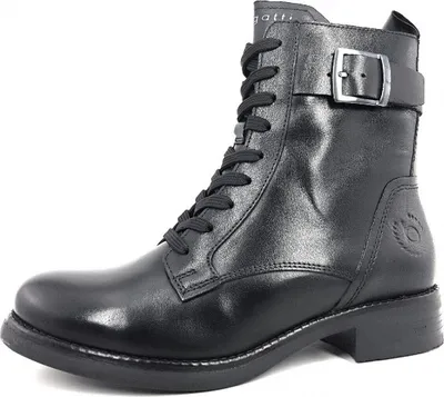 A black leather boot with laces and a buckle.