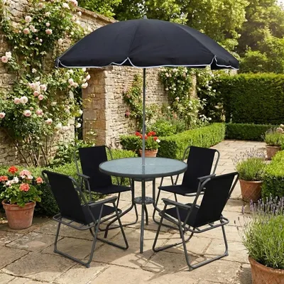 Produktbild von VCM 6-teilig Gartenmöbel Set, Gartentisch Ø 75 cm mit Glasplatte, 4 Stühle & Sonnenschirm, Metall & Textilene, Outdoor geeignet - Maxola