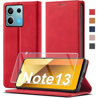 Obrázek produktu pro Obal na mobilní telefon z umělé kůže, skládací, pro Xiaomi Redmi Note 13 5G, červený, s ochrannou fólií