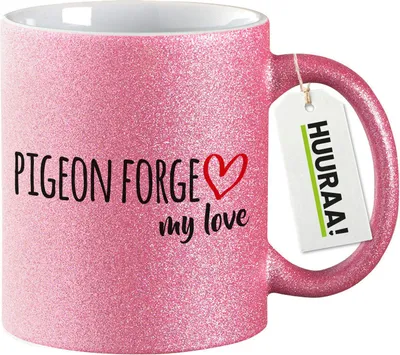 Produktbild von Huuraa Glitzertasse Pigeon Forge my love 330ml Pink Keramik Kaffeebecher Geschenkidee