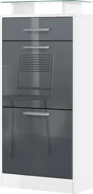 A white and gray shoe cabinet with a glass shelf on top.