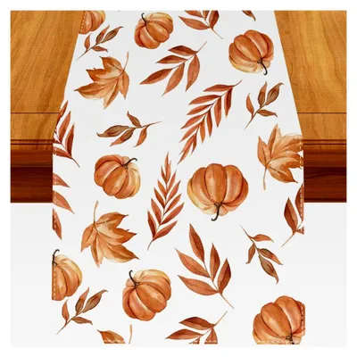 Produktbild von Herbst Tischläufer mit orangefarbenen Kürbissen und Blättern 40x180 cm