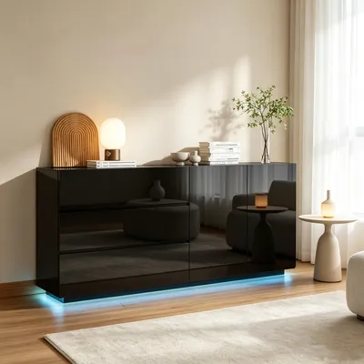 Immagine prodotto di Comò INONEFT nero lucido, mobile contenitore moderno con illuminazione a LED, 3 cassetti, 2 ante, 160 cm di larghezza, mobile buffet, mobile da cucina, mobile per il soggiorno