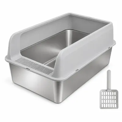 Productafbeelding van WISFOR kattenbak, roestvrij staal, zonder deksel, open kattenbak met schep, kattenbak, 60 x 40 x 28 cm, AI-gegenereerde afbeelding