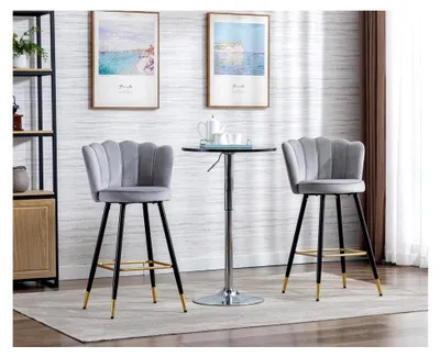 Produktbild von Samt Barhocker 2er Set mit Metallbeinen, Retro Küchenhocker in Grau