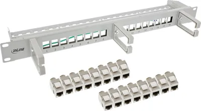 Produktbild von InLine Patchfeld Cat.6A 16-fach, mit 3 Bügeln, 16 Keystones, 19", 1HE, grau, 1U, Grau, 160 x 460 x 50 mm, 160 mm, 50 mm, 460 mm