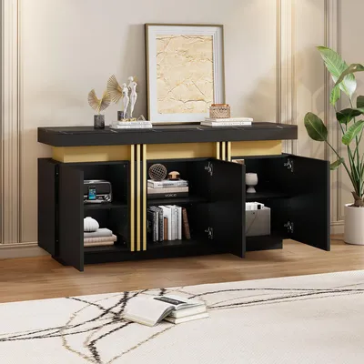 Immagine prodotto di Credenza Merax nera con effetto marmo, 140x38x70cm, 3 ante, mobile da sala da pranzo con ripiani regolabili, mobile da soggiorno, accenti platino