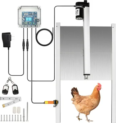 Produktbild von VEVOR Schieber Hühnerklappe Stallöffner, 32 x 30 cm Automatische Hühnerklappe Lichtsensor, 220 V 66 W Automatische Hühnertür, mit 2 Fernbedienungen, Infrarot-Induktion Automatische Geflügelklappe