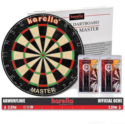 Produktbild von Dartboard Karella Master im Set inklusive 2 Satz Steeldarts und Abwurflinie