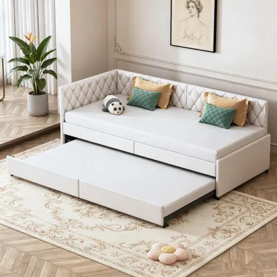 Immagine prodotto di Letto a giorno INONEFT, 90x200 cm, con letto estraibile, divano letto con rete a doghe, letto singolo, letto per ospiti, daybed, letto per ragazzi, in velluto, color beige