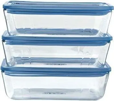 Obrázok produktu pre Sada sklenených nádob na uchovávanie potravín PYREX, 3 kusy, obdĺžnikové, 0,8 l, bez plastu, -40 °C až +350 °C