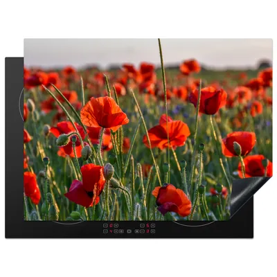 Obrázek produktu pro KitchenYeah® Krycí deska na sporák mák - červená - zelená - květiny, 71x52cm, dekorace do kuchyně, keramická krycí deska na varnou desku, krycí deska na varnou desku