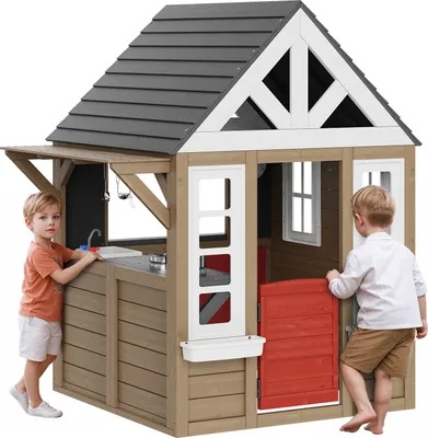 Image de Maison de jeu en bois VEVOR Maison de jeu pour enfants, maison de jardin pour enfants à partir de 2 ans, cabane de jeu de jardin, maison de jeu en bois de cèdre de style campagnard avec porte, fenêtre, support pour pots de fleurs, barbecue, cuisinière et évier