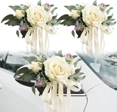 Productafbeelding van Bruiloft autoversiering bloemen - Set van 2 - Autolint simulatie bloem strik autoversiering