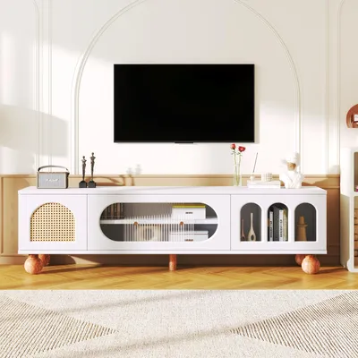 Immagine prodotto di Porta TV con anta in rattan e vetro, 3 vani a giorno, maniglie dorate e gambe in legno massiccio