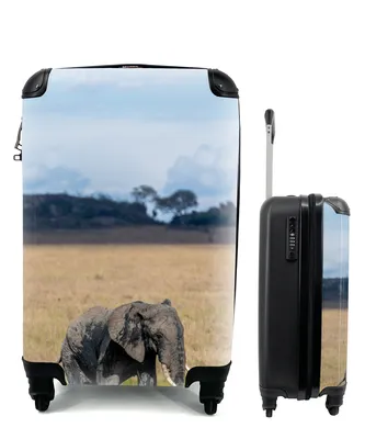 Produktbild von MuchoWow® Koffer Handgepäck Trolley Rollkoffer Kleine Reisekoffer mit 4 Rollen - Elefant - Gras - Tiere - Natur - Cabin Size < 55x40x23 cm & 55x40x20 cm - Fotokoffer - Kabinenkoffer - Boardgepäck - Reise-Box - Reisekoffer - Reisegepäck - Koffer mit Bild - Trolley für Kinder