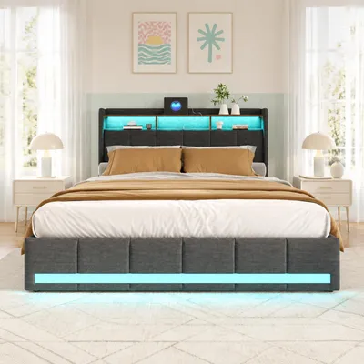 Immagine prodotto di Letto imbottito INONEFT, 160x200 cm, tessuto in lino, colore grigio. Letto matrimoniale con 4 cassetti e illuminazione LED. Testiera con spazio contenitivo e porta USB Type-C. Letto funzionale per ragazzi, completo di rete
