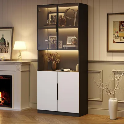 Immagine prodotto di Vetrina con illuminazione a LED, dimensioni 80x30x200 cm, 4 ante, colore bianco e nero, realizzata in pannello di particelle di legno e vetro