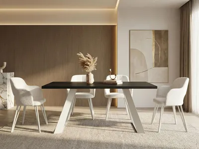 Produktbild von Esstisch Colter Weiß im Modern Still, Rechteckig Tisch - Ausziehbar von 140 cm bis 240 cm, Pulverbeschichtete Weiße Metallbeine - 140 x 80 cm - Schwarz