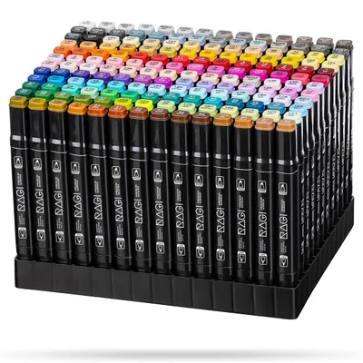 A large set of markers arranged in a black stand.