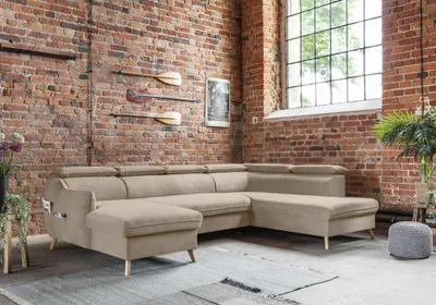 Produktbild von MIUFORM Sweet Harmony - Ecksofa mit Bettfunktion und Bettkasten U-FORM RECHTS - 321x208cm - Velours Beige - Sofa Schlafsofa Couch