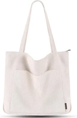 Productafbeelding van Unyqoos® Dames Shopper – Grote stoffen tote bag/schoudertas, 45 x 40 x 11 cm, beige, met rits, magnetische sluiting en 3 binnenvakken