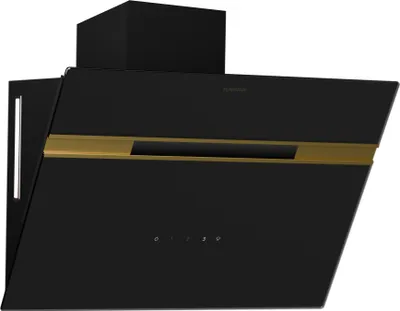 A black and gold range hood is shown against a white background.