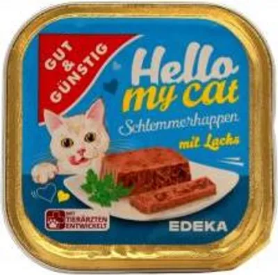 Produktbild von Hello my cat Katzenfutter Schlemmerhappen mit Lachs, 32er Pack (32 x 100g Schale)